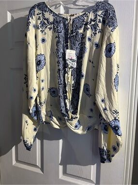 Free People Cream Blouse with Blue Floral Print and Tie Front